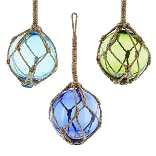 FRANK FLECHTWAREN Maritime Deko-Glaskugel Set - Dekorative Kugeln im Maritim-Look, 3er Set in Blau, Türkis und Grün, ideal für kreative Deko-Ideen und umweltfreundlich durch Sisalschnur.