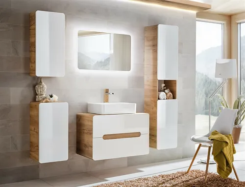 Badmöbel Set 6-tlg FERMO Weiss HGL inkl. Waschtisch - Badmöbelsets für Erwachsene, modernes Design in Weiss Hochglanz, inklusive Waschtisch und Spiegel mit LED-Beleuchtung – ideal für stilvolle Badezimmer.