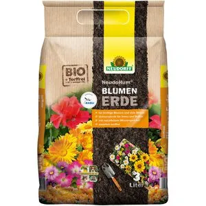 Neudorff NeudoHum BlumenErde - Torffreie Bio Erde, 3 Liter für Innen und Außen, fördert kräftige Blumen und üppige Blüten, umweltfreundlich und NABU empfohlen