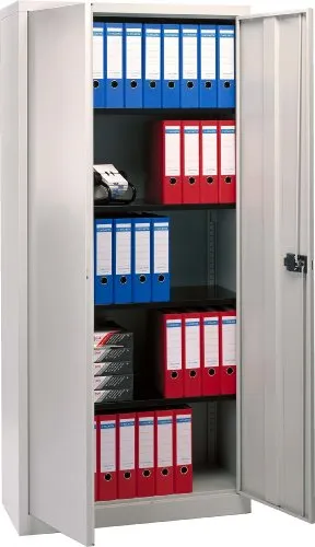 Bisley Universal Flügeltürenschrank Stahl mit 4 Fachböden - Büroschrank mit abschließbarem 3-Punkt-Schließmechanismus, ideal für sichere Aufbewahrung. Robuster, pulverbeschichteter Stahl in lichtgrau, perfekt für jedes Büro.