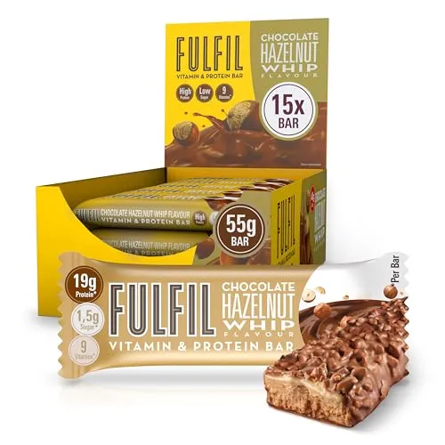 FulFil Vitamin- und Proteinriegel Chocolate & Hazelnut 15x55g - Sportnahrung mit 19 g Protein pro Riegel, weniger als 2 g Zucker und 9 Vitaminen. Perfekt als Snack oder Proteinquelle nach dem Training.