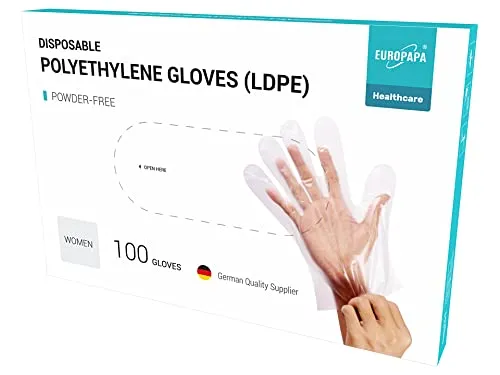 EUROPAPA 100 Stück LDPE Einweghandschuhe in Box Einmalhandschuhe latexfrei puderfrei Handschuhe in Damen Größe (Damen-100)
