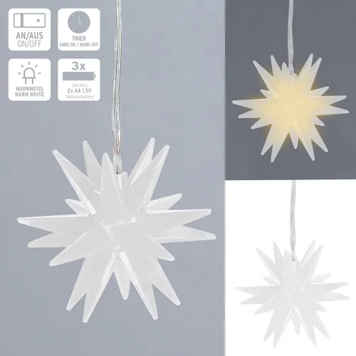 CEPEWA GmbH LED-Stern 8 cm - Warmweiß mit Timer - Weihnachtsbeleuchtung mit elegantem Design und warmweißer LED-Beleuchtung. Inklusive Timer-Funktion für automatische Steuerung, ideal zum Aufhängen am Weihnachtsbaum oder Fenster.