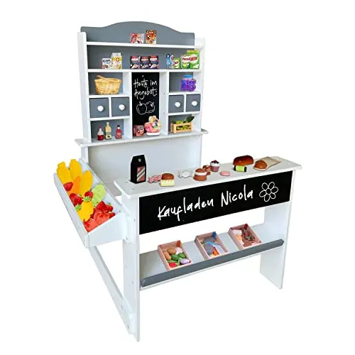 Coemo Kaufladen Nicola - Kinder Kaufmannsladen aus Holz - Kaufläden & Zubehör - Fördert kreative Rollenspiele und soziale Kompetenz, mit viel Stauraum und abgerundeten Kanten für sichere Nutzung.