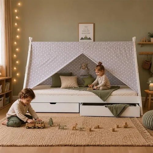 Tipi Bett 90x200 mit Bettkasten in weiß von Homestyle4u