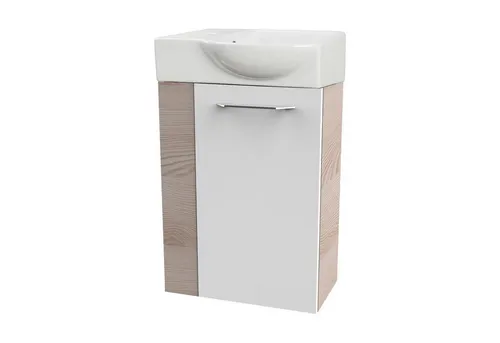 FACKELMANN Waschbecken SBC B. CLEVER Gäste WC Set 2-teilig 45 cm, Braun hell - Waschbecken Set für Gäste-WC, inklusive vormontiertem Unterschrank in Braun hell und Weiß Hochglanz, ideal für kleine Bäder mit Stauraum für Badutensilien.