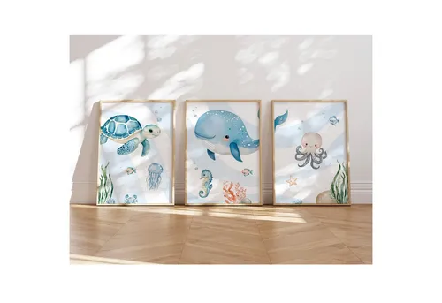 MeinBaby123® Poster Kinderzimmer Meerestiere,  Kinderzimmer Deko, Kinderzimmer Bilder, Unterwasserwelt, süßer Wal, Schildkröte, Qualle