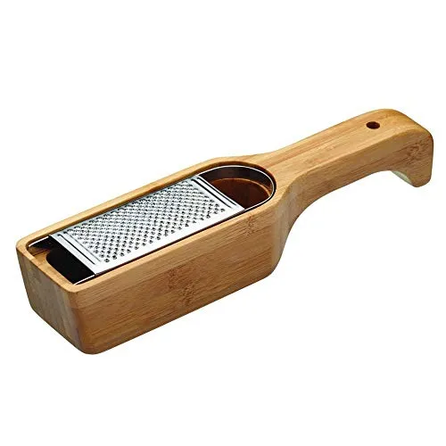 KitchenCraft World of Flavours Käsereibe mit Auffangbehälter, Rahmen aus Bambusholz, Edelstahlreibe, 27,5 cm x 6 cm x 5 cm