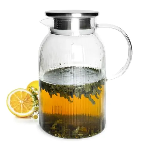 Sendez Glaskaraffe 1,5L mit Edelstahl-Filter – Relief Wasserkrug, Wasserkaraffe, Glaskrug für Saft, Wasser & Tee