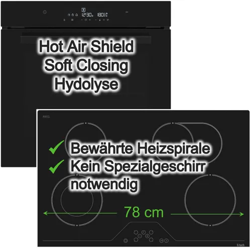 Backofen Set Schwarz Hydrolyse Glaskeramikkochfeld 78 cm Zweikreis Bräterzone