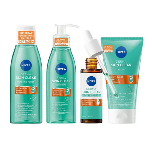 Nivea Derma Skin Clear Set (4in1) - Tagescremes-Set mit Waschgel, Peeling, Toner und Night Serum für klare Haut in nur 7 Tagen, ideal gegen Unreinheiten und zur Porenverfeinerung.