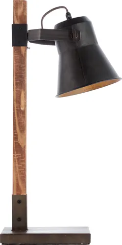 BRILLIANT Plow Tischleuchte schwarz Stahl/Holz - Tischlampen mit schwenkbarem Kopf für flexible Ausleuchtung und nachhaltigem Holz aus FSC-zertifizierter Forstwirtschaft, ideal für ein rustikales Ambiente.