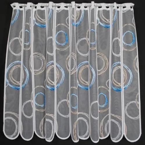 Scheibengardinen Höhe Variabel Scheibengardine Kringel 75 cm hoch weiß mit blau/Hellbraun - Wunschbreite frei wählbar durch gekaufte Menge in 11 cm Schritten - Meterware
