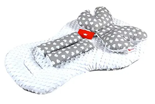 BABYLUX Kinderwagen SITZAUFLAGE Kissen Gurtschoner f. Buggy Autoschale Einlage (7. Weiß + Herzen, 3 Tlg Sitzauflage + Kissen + Gurtpolster)