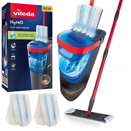 Vileda Flachmopp Set mit Eimer und 2 Aufsätzen - Praktisches Wischmopp-Set mit zweikammer Eimer für effektive Reinigung. Der flache Wischmopp mit Mikrofaseraufsätzen sorgt für streifenfreie Sauberkeit auf allen Böden.