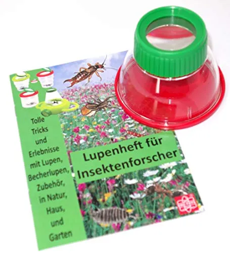 MEDUP Große Lupendose grün-rot mit 6X Vergrößerung mit Lupenheft für Entdecker