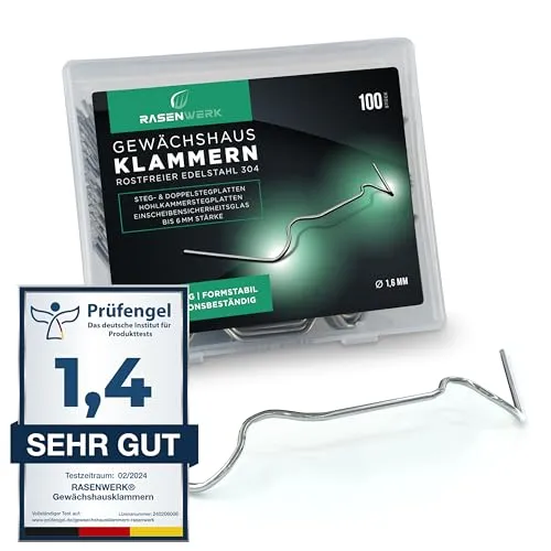 RASENWERK® - Gewächshausklammern aus 304 Edelstahl (rostfrei) - 100 Stück - Gewächshausklemmen mit hoher Spannkraft - Montageklammern für Glashaus – Gewächshaus Zubehör - 95 x 40 mm - 1,6 mm Dicke