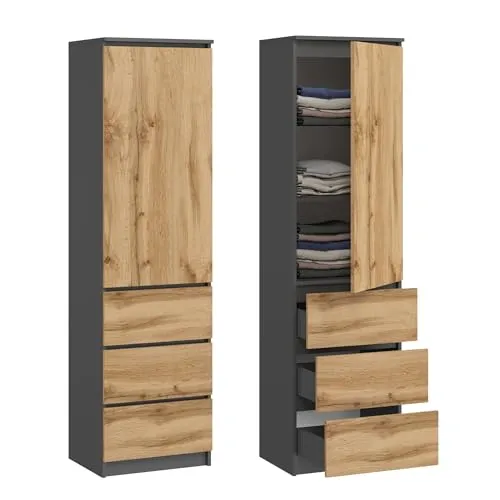 Kleiderschrank Anthrazit mit 3 Einlegeböden und 3 Schubladen - Kleiderschränke – kompakter, funktionaler Stauraum mit flexibler Türmontage, ideal für Schlafzimmer, Flur oder Arbeitszimmer.