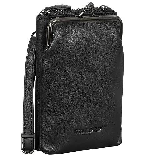 STILORD 'Brea' Echt-Leder Vintage Damen-Geldbörse mit Handytasche zum Umhängen mit Kiss-Lock-Verschluss, NFC und RFID Schutz ideal als Umhängetasche Crossovertasche, Farbe:schwarz