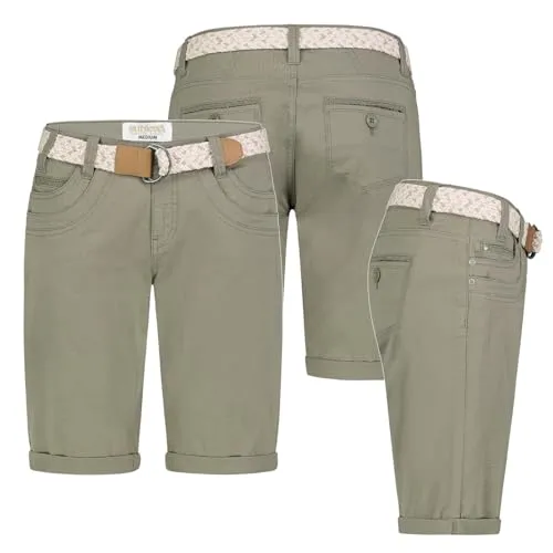 Sublevel Damen Short Bermuda Kurze Hose Sommer Chino Stoff Hose mit Gürtel Neu, Hosengröße:XS (34), Farbe:Olive