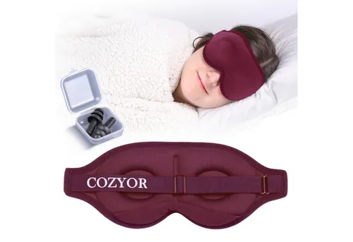 Cozyor Schlafmaske 100% Blackout-Effekt 3D Augenmaske mit ergonomischem Design, Reiseset klein & kompakt rot bordeaux Berry, 2-tlg., Schlafmaske mit wiederverwendbaren Ohrstöpseln, extra Polsterung und variable Passform
