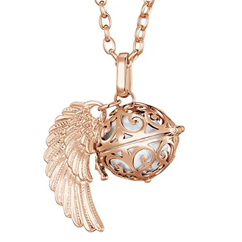 Morella Halskette Damen roségold Edelstahl 70 cm mit roségoldenem Anhänger Engelsflügel und Klangkugel weiß Ø 16 mm in Schmuckbeutel