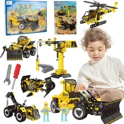 MalPlay Bauklötze Blöcke Bulldozer Kran Hubschrauber Schlepper 8in1 ab 5 Jahren Kreatinentwicklung - Gelb