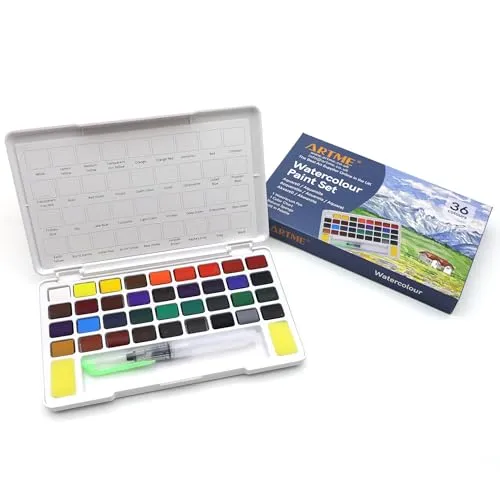 ARTME Aquarellfarben-Set – 36 leuchtende Farben in Näpfchen mit Mischpalette & Wassertankpinsel – Perfektes Wasserfarben-Malset für Künstler & Hobbyisten