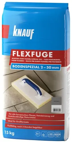 Knauf Flexfuge Bodenspezial Zementgrau 15 kg - Fugenmörtel für keramische Fliesen und Natursteine, selbstverlaufend und ideal für unregelmäßige Fugen, schnell abbindend und schmutzabweisend.
