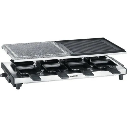 Severin Raclette-Grill RG 2373 - Schwarz, Edelstahl, 8 antihaftbeschichtete Pfännchen, stufenloser Temperaturregler und abnehmbare Steinplatte für vielseitige Menüs