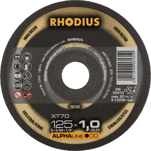 Rhodius AlphaLine XT 70 Trennscheibe 125mm - Schleif- & Trennscheiben, hochwertige Trennscheibe für Stahl und Edelstahl, mit nur 1,0mm Dicke für präzise Schnitte und hohe Effizienz.