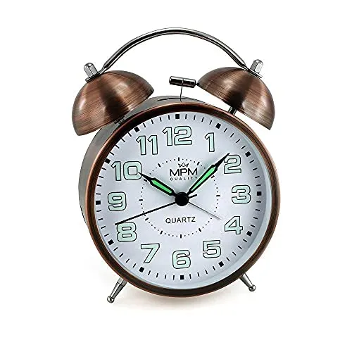 MPM Cooper Colour Alarm Clock, Retro Analog Wecker mit Lumini-Zahlen, Doppelglockenwecker mit Ohne Ticken Glockenwecker, Vintage Batteriebetrieben Laut Quarz Wecker Tischuhr mit Nachtlicht