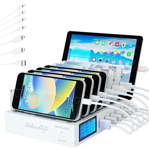 Ladestation für mehrere Geräte für 7 Anschlüsse Mit 7 kurzen Kabeln, Ladestation Multi-Geräte Aufladestation,70W QC3.0 Desktop-Dockingstation, kompatibel mit iPhone iPad Samsung Smartphones