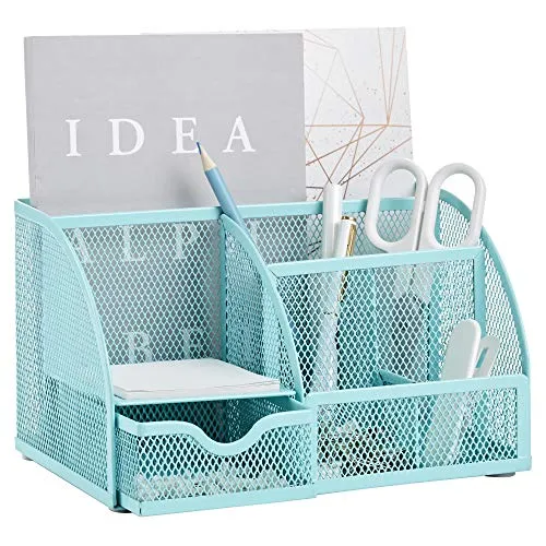 Annova Mesh Desk Organizer Office mit 7 Fächern + Schublade/Schreibtischordnung Candy/Stifthalter/Multifunktions-Organizer (Türkis)