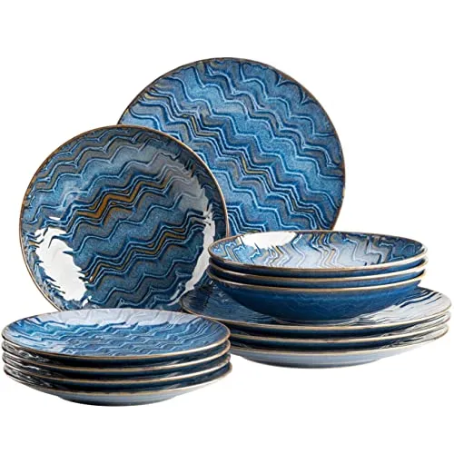 MÄSER Tafelservice 12-tlg. AQUAMARINE - Hochwertiges 12-teiliges Steinzeug-Service, einzigartiges, handgefertigtes Design mit tiefblauer Glasur, mikrowellen- und spülmaschinengeeignet, ideal für stilvolle Tischdekoration.