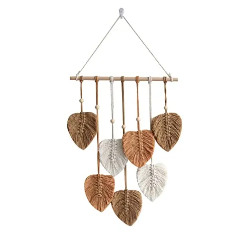 Makramee Wandbehang Boho Deko, Wandteppich Mit Holzperlen und Blätter, Tapisserie Handgemacht für Outdoor, Wohnzimmer, Schlafzimmer, Indoor, Geschenke - 40 × 80 cm (Khaki)
