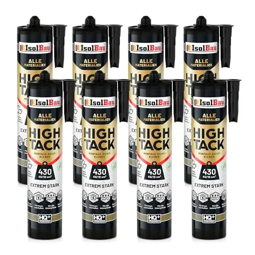 Isolbau Montage-Kleber Extra Stark High Tack - 8 x 530 g - Klebstoffe für Innen- und Außenbereich, extrem starke Haftung bis zu 430 kg/10 cm², ideal für stark belastete Bauteile ohne Schrauben oder Nägel.