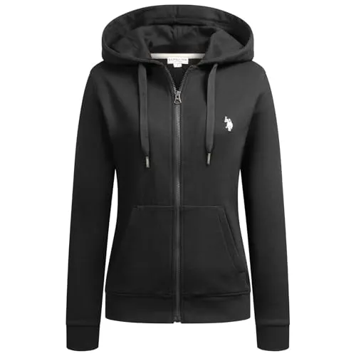 U.S. Polo Assn. Damen Kapuzenpullover (S-XL) Hoodie mit Reißverschluss, aufgesetzten Eingrifftaschen und Rippbündchen P019 - Schwarz Beige - Gr.XL