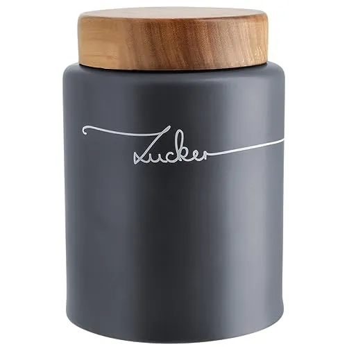 KHG Zucker Aufbewahrung, Zuckerdose Keramik Steingut poliert Anthrazit Grau Holz-Deckel Bambus, Zucker-Vorratsdose 1,5 Lite Kapazität, rund & mit Beschriftung luftdicht, Höhe 16 cm & 11,5 cm