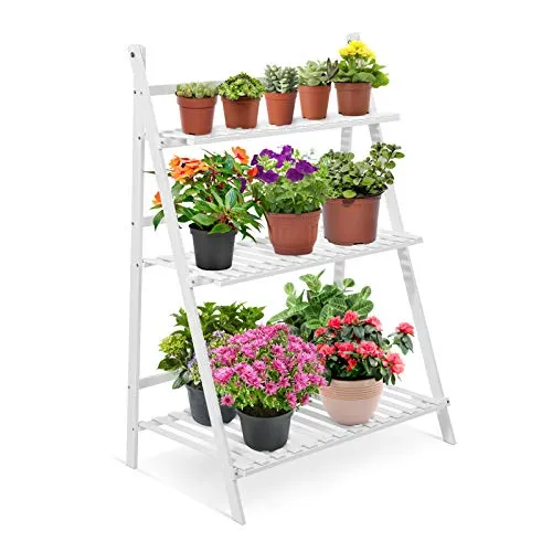 GOTOTOP Gartenregal aus Bambus mit Blumenleiter Blumenständer 3 Ebenen Pflanzentreppe faltbar Treppenregal Aufbewahrung für Pflanzen Balkon Garten Wohnzimmer, 70 x 40 x 96 cm (weiß)