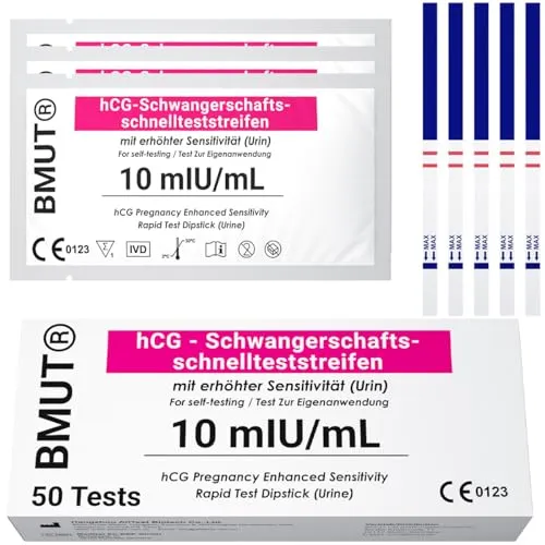 50x Schwangerschaftstest – 10 mIU/ml Hochsensitiver Frühtest – Frühe hCG-Erkennung – 50er Set Teststreifen – Präzise Ergebnisse & Einfache Anwendung als Ultrafrühtest (Selbsttest)