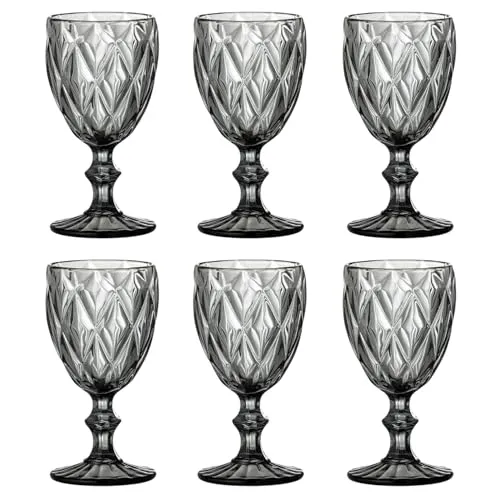 Vintage 6er-Set Farbige Weingläser und Trinkgläser mit Diamant Muster (Rombus) Longdrinkgläser, Cocktail Gläser mit Prägung, Glas, Trinkglas, Weinglas, Wasserglas, Glaskelche (Grau Weinglas)