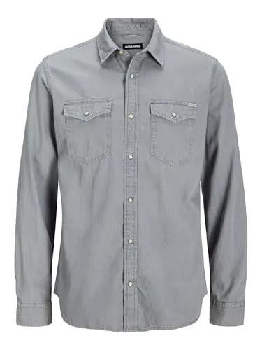 JACK & JONES Herren JJESHERIDAN Shirt L/S NOOS 12138115, Light Grey Denim, XXL - Herrenhemden aus hochwertiger Bio-Baumwolle, nachhaltig und umweltfreundlich, mit praktischen Brusttaschen für den Alltag.