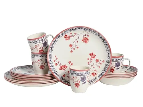 CreaTable Cottage Bunt Kombiservice 16-tlg - Kombiservice aus Steingut mit handgemalten Blumenmotiven, spülmaschinen- und mikrowellengeeignet – ideal für jeden Anlass!