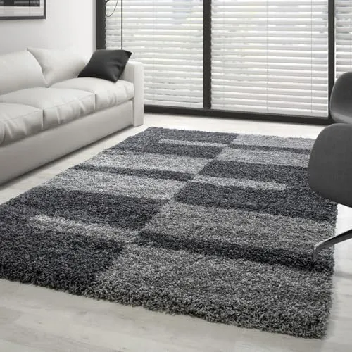 Carpettex Hochflor Teppich - Wohnzimmer Shaggy Flokati Modern Kariert Design 80 x 250 cm - Flur Läufer Grau - Bettvorleger Schlafzimmer Weich Flauschig Waschbar Küchenläufer
