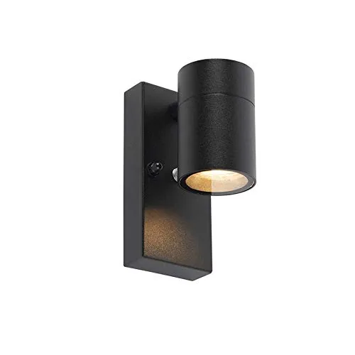 Qazqa Moderne Außen Wandleuchte schwarz mit Dämmerungssensor - Elegante Wandleuchte aus Edelstahl, IP44, ideal für die Außenbeleuchtung. Ausgestattet mit einem Dämmerungssensor für automatisches Licht, passend für GU10 Leuchtmittel.