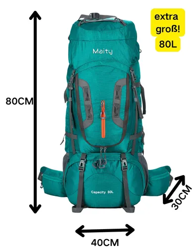 MAITY 80L Trekkingrucksack in Grün - Trekkingrucksack mit 80 Litern Volumen, ideal für Abenteurer. Mit anpassbarer Rückenlänge, belüftetem Design und wasserdichter Qualität für maximalen Komfort und Funktionalität.