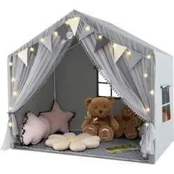 COSTWAY Spielhaus Kinder Indoor – Kinderzelt mit Matte und Lichtern, Grau