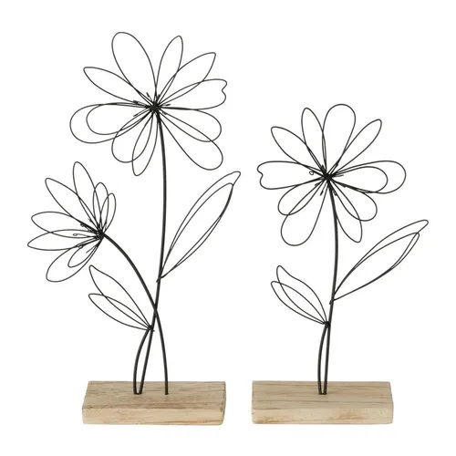 2tlg. Dekoaufsteller BLUMY schwarz natur H22/28cm Metallblumen mit Holzfuß