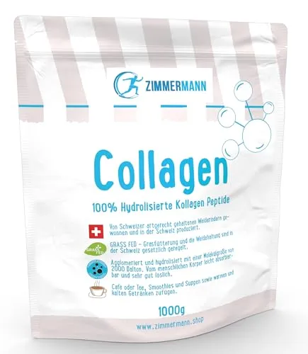 Zimmermann Rinder Collagen Pulver 1000g - Bioaktives Premium Kollagen - Kollagen-Präparate: Hochdosiertes, leicht absorbierbares Kollagen Hydrolysat aus Schweizer Weiderindern, geschmacksneutral und ideal für die tägliche Ernährung.